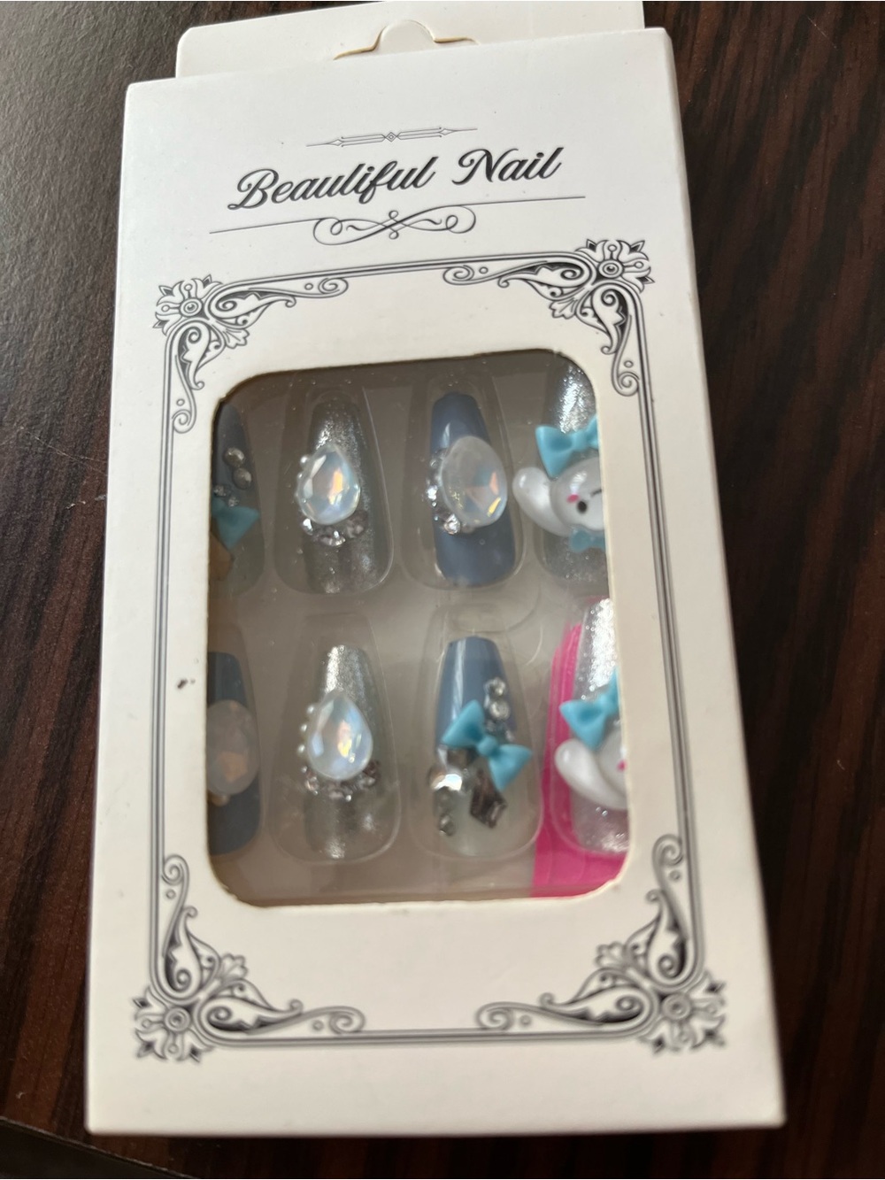 NIB 24 Pcs Blue Crystal Accent Press-On Nail Set
